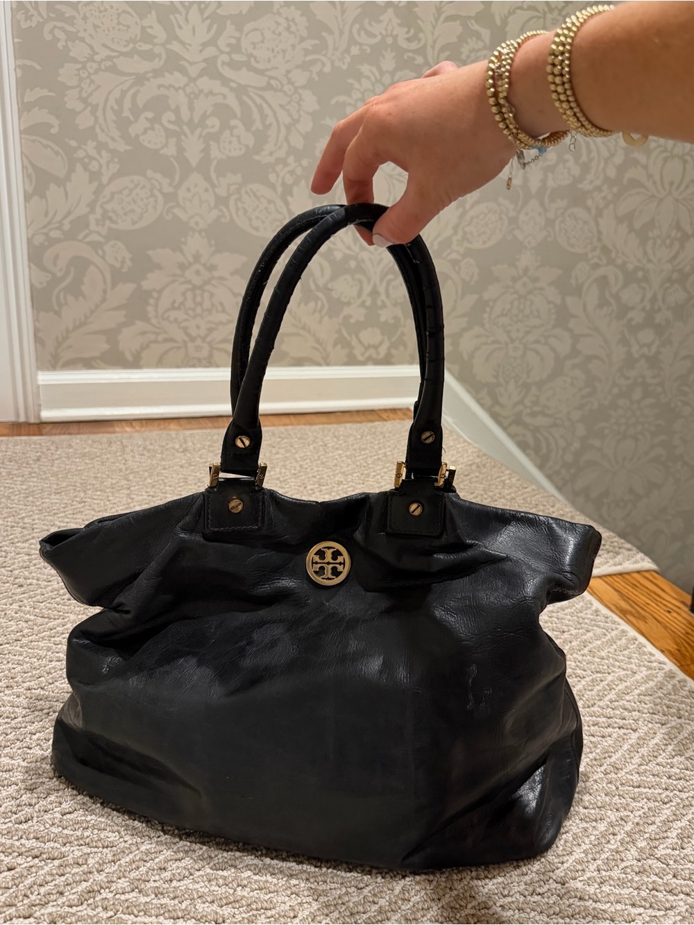 Tory Burch Black Leather Tote with Gold Logo